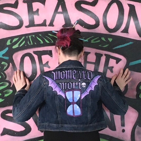 Momento Mori Winged Hourglass Hocus Pocus Cemetery Inspired Custom Jean Jacket - Picture 3 of 15